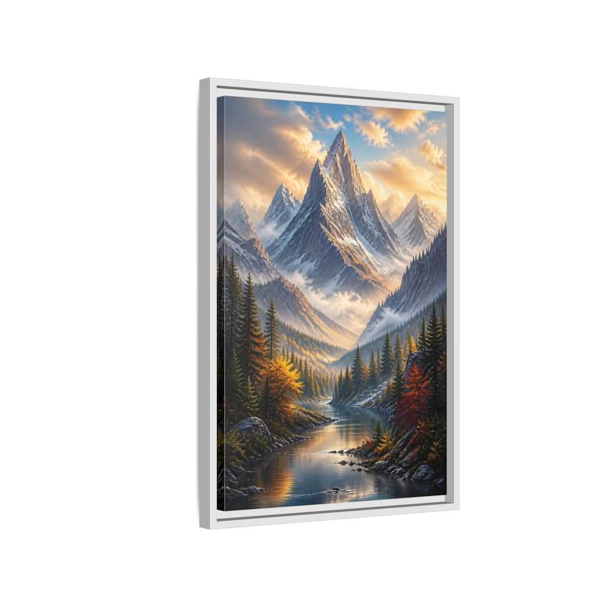Side Mockup 1. Nature Mountain Valley Autumn Mountain River shown as stretched canvas wall art