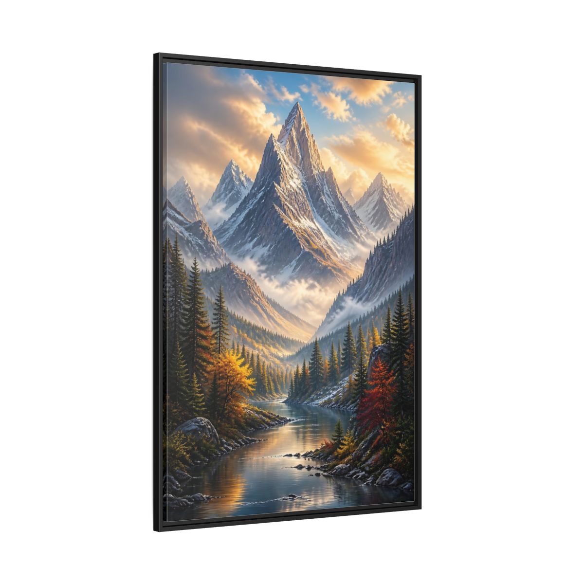 Side Mockup 12. Nature Mountain Valley Autumn Mountain River shown as stretched canvas wall art