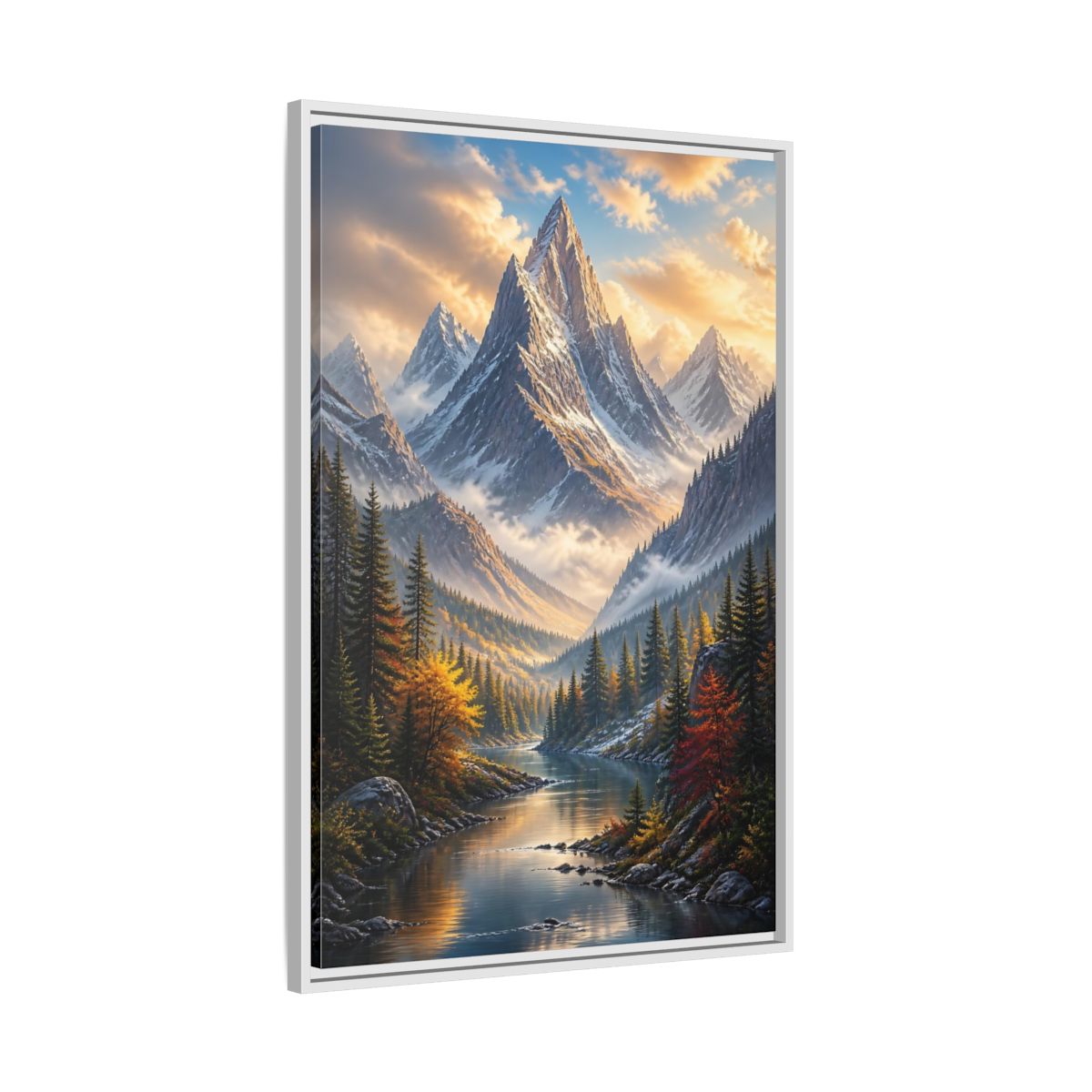 Side Mockup 9. Nature Mountain Valley Autumn Mountain River shown as stretched canvas wall art