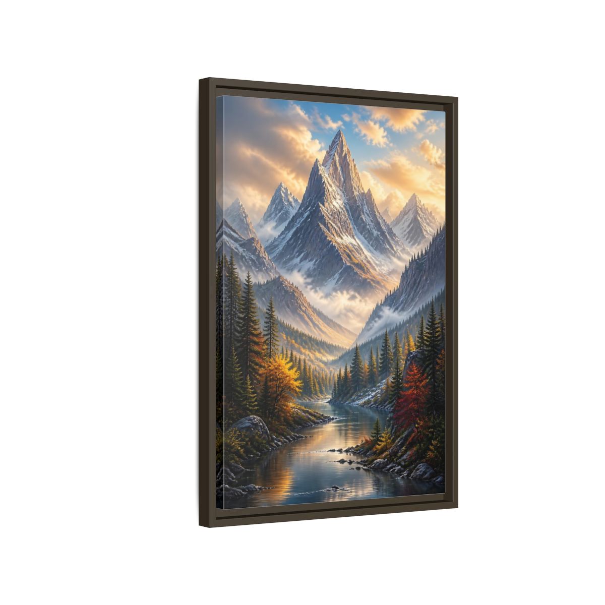 Side Mockup 2. Nature Mountain Valley Autumn Mountain River shown as stretched canvas wall art