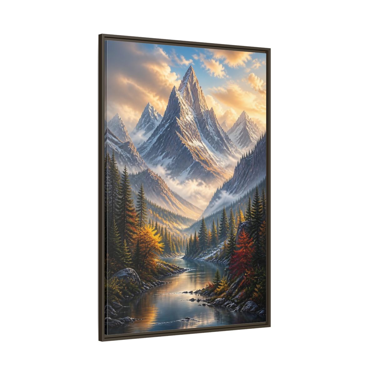 Side Mockup 8. Nature Mountain Valley Autumn Mountain River shown as stretched canvas wall art