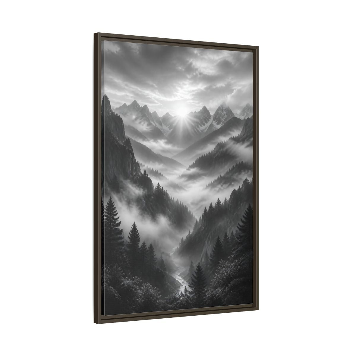 Main Mockup. Nature Mountain Valley Black And White shown as stretched canvas wall art