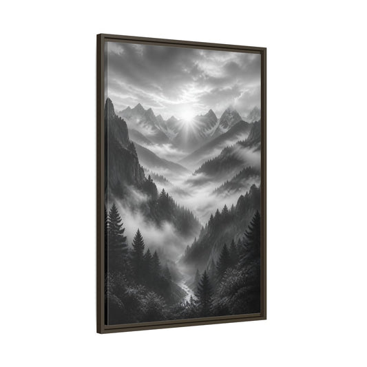 Main Mockup. Nature Mountain Valley Black And White shown as stretched canvas wall art