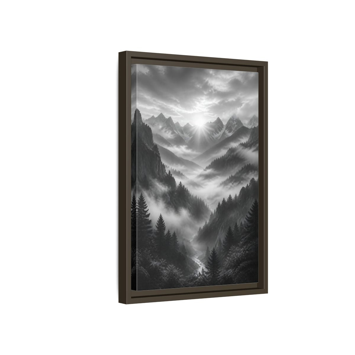 Side Mockup 5. Nature Mountain Valley Black And White shown as stretched canvas wall art