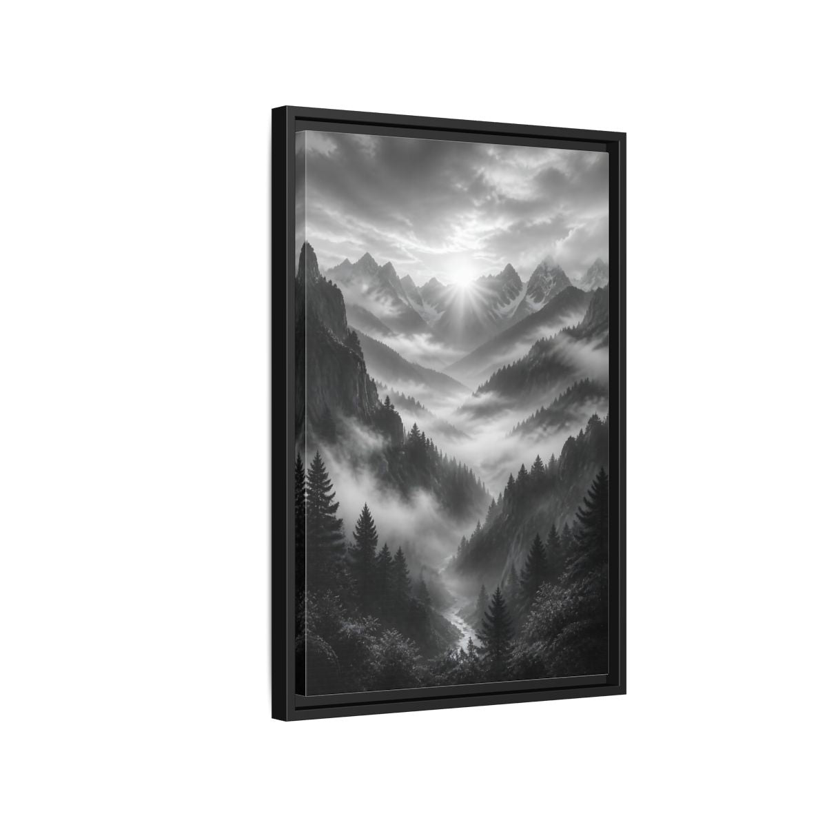 Side Mockup 3. Nature Mountain Valley Black And White shown as stretched canvas wall art
