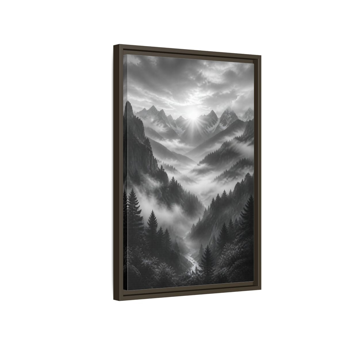 Side Mockup 2. Nature Mountain Valley Black And White shown as stretched canvas wall art