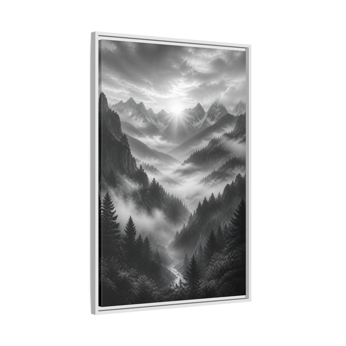 Side Mockup 9. Nature Mountain Valley Black And White shown as stretched canvas wall art