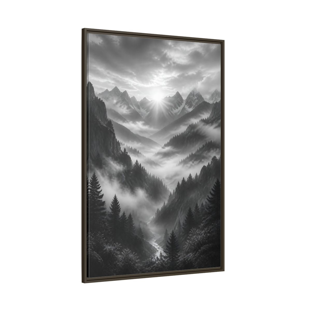 Side Mockup 8. Nature Mountain Valley Black And White shown as stretched canvas wall art