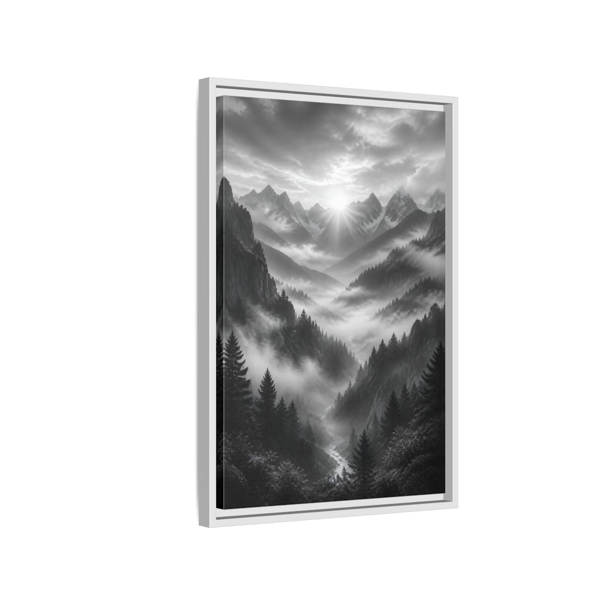 Side Mockup 1. Nature Mountain Valley Black And White shown as stretched canvas wall art