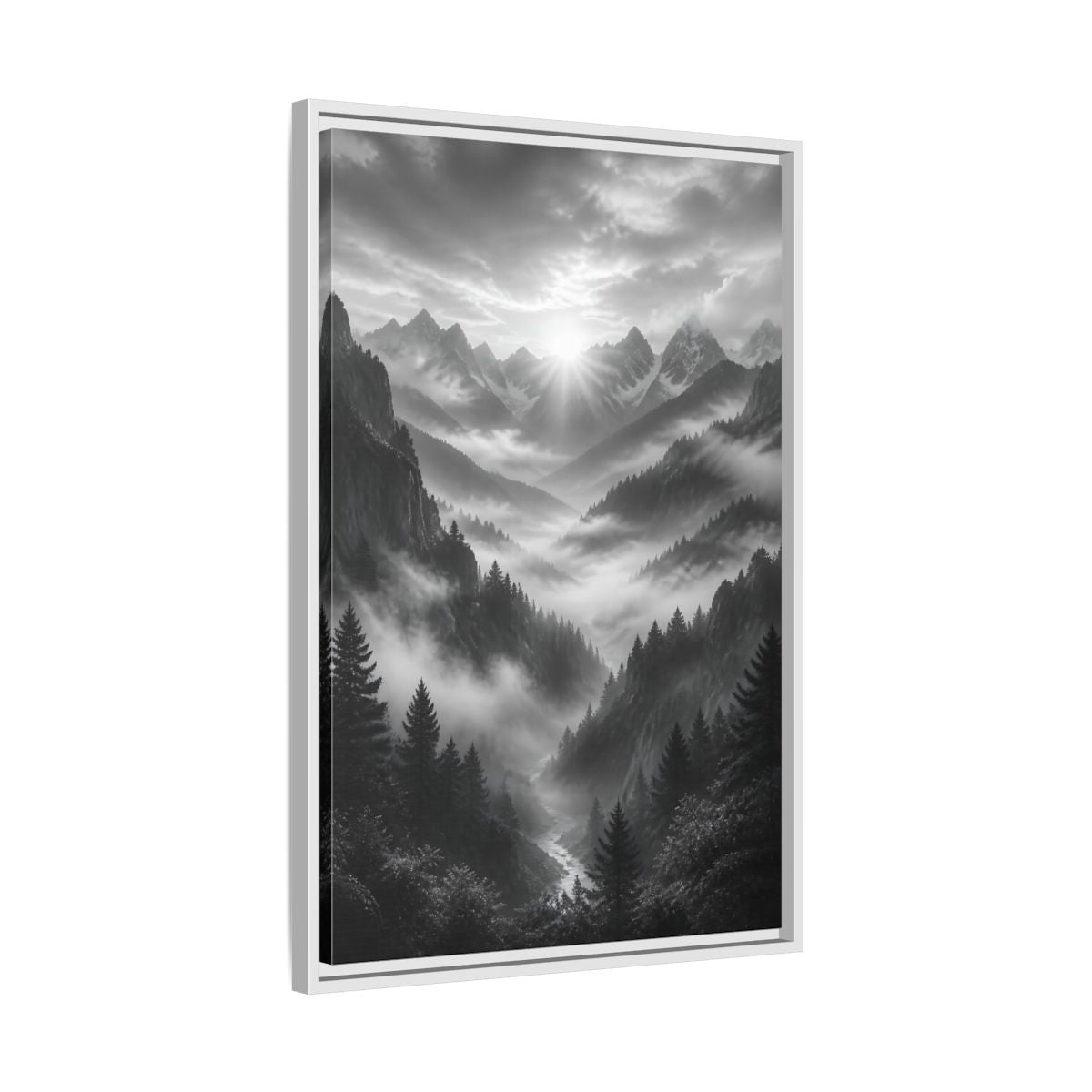 Side Mockup 10. Nature Mountain Valley Black And White shown as stretched canvas wall art