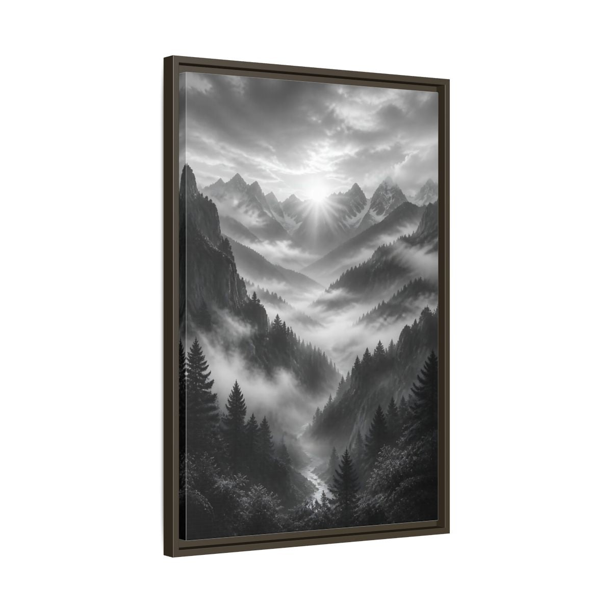 Side Mockup 11. Nature Mountain Valley Black And White shown as stretched canvas wall art
