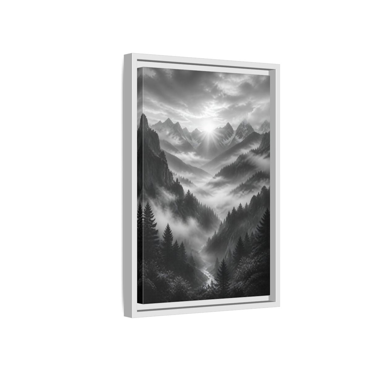 Side Mockup 4. Nature Mountain Valley Black And White shown as stretched canvas wall art