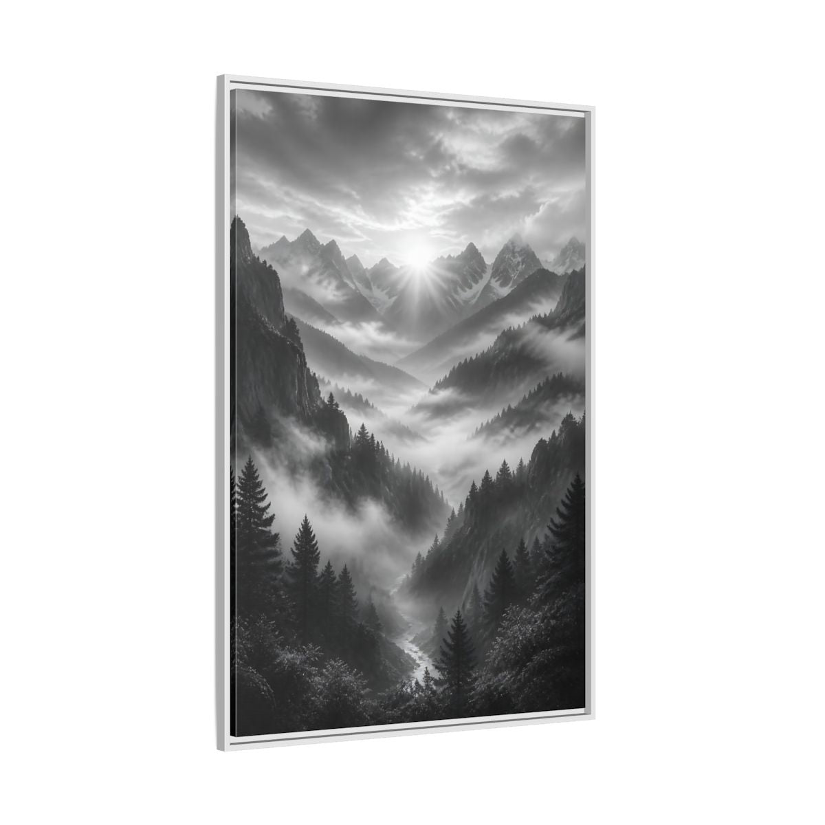 Side Mockup 7. Nature Mountain Valley Black And White shown as stretched canvas wall art
