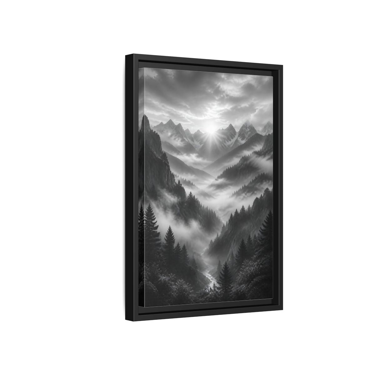 Side Mockup 6. Nature Mountain Valley Black And White shown as stretched canvas wall art