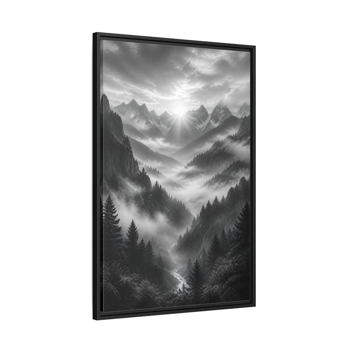 Side Mockup 13. Nature Mountain Valley Black And White shown as stretched canvas wall art