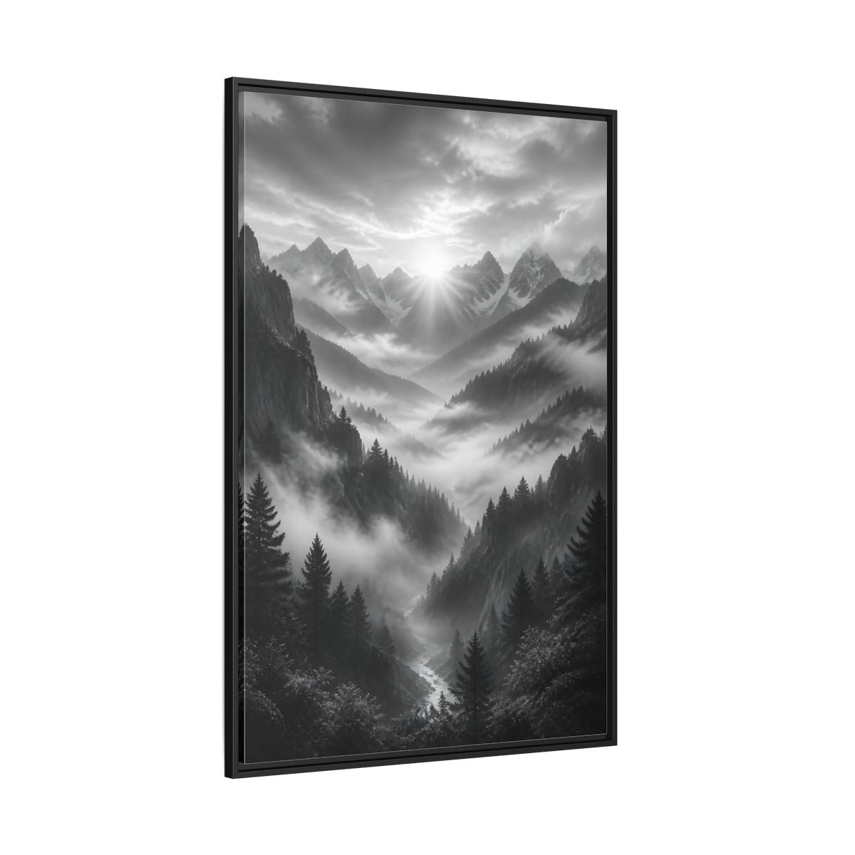 Side Mockup 12. Nature Mountain Valley Black And White shown as stretched canvas wall art