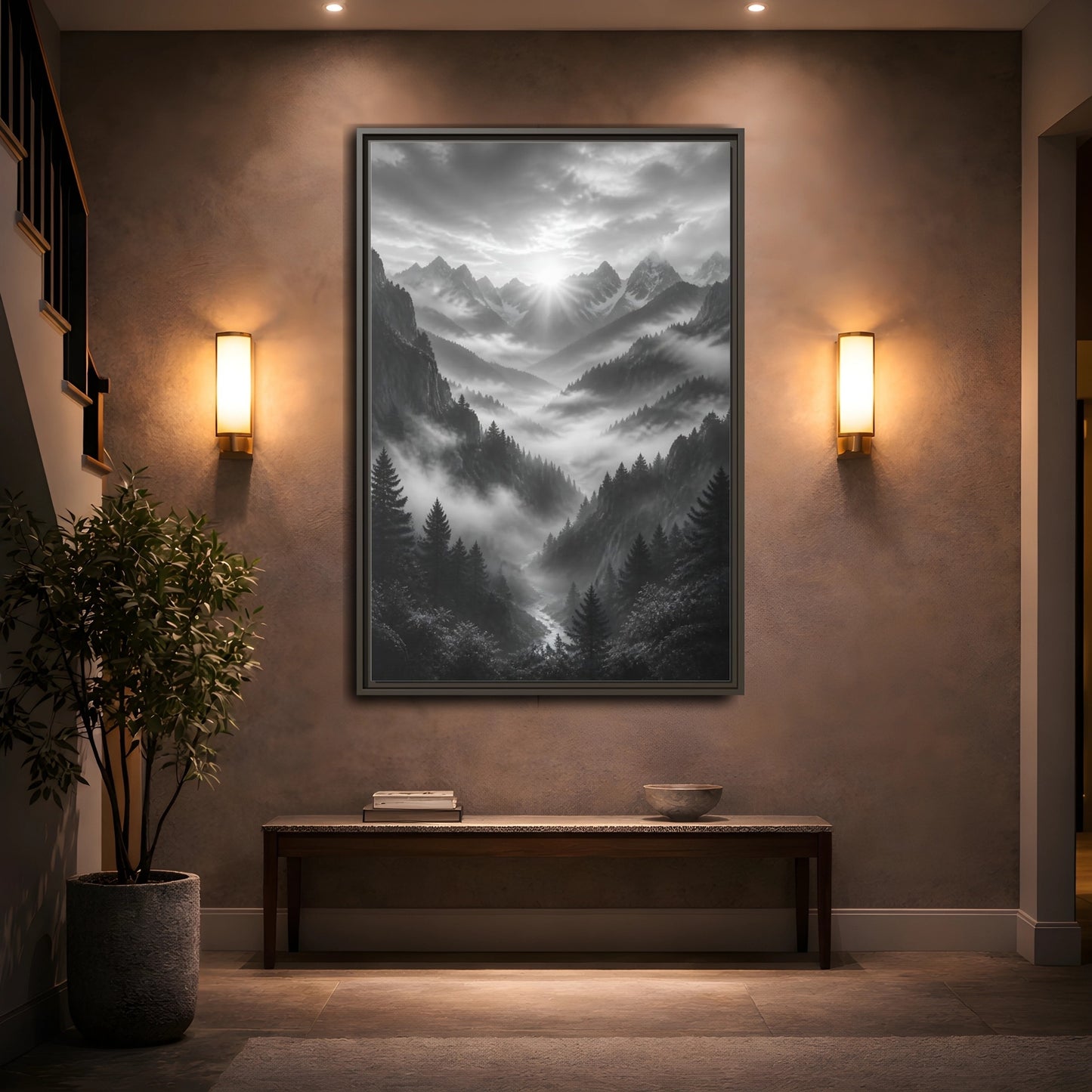 Mockup 2. Nature Mountain Valley Black And White shown as stretched canvas wall art