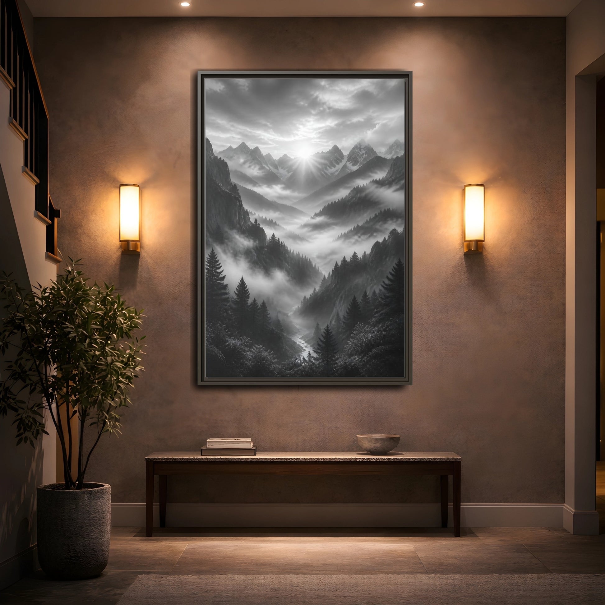 Mockup 2. Nature Mountain Valley Black And White shown as stretched canvas wall art
