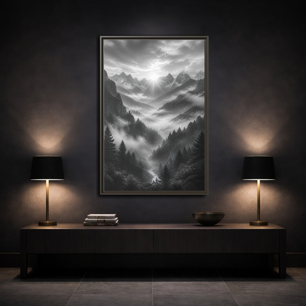 Mockup 3. Nature Mountain Valley Black And White shown as stretched canvas wall art