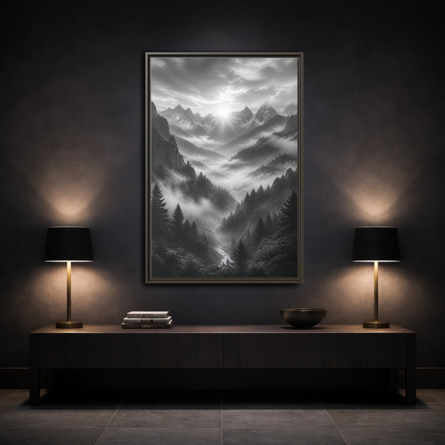 Mockup 3. Nature Mountain Valley Black And White shown as stretched canvas wall art