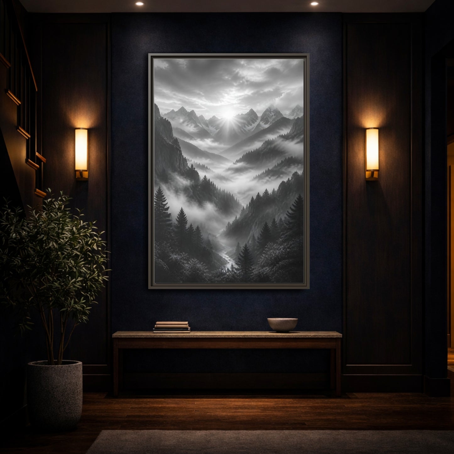Mockup 4. Nature Mountain Valley Black And White shown as stretched canvas wall art