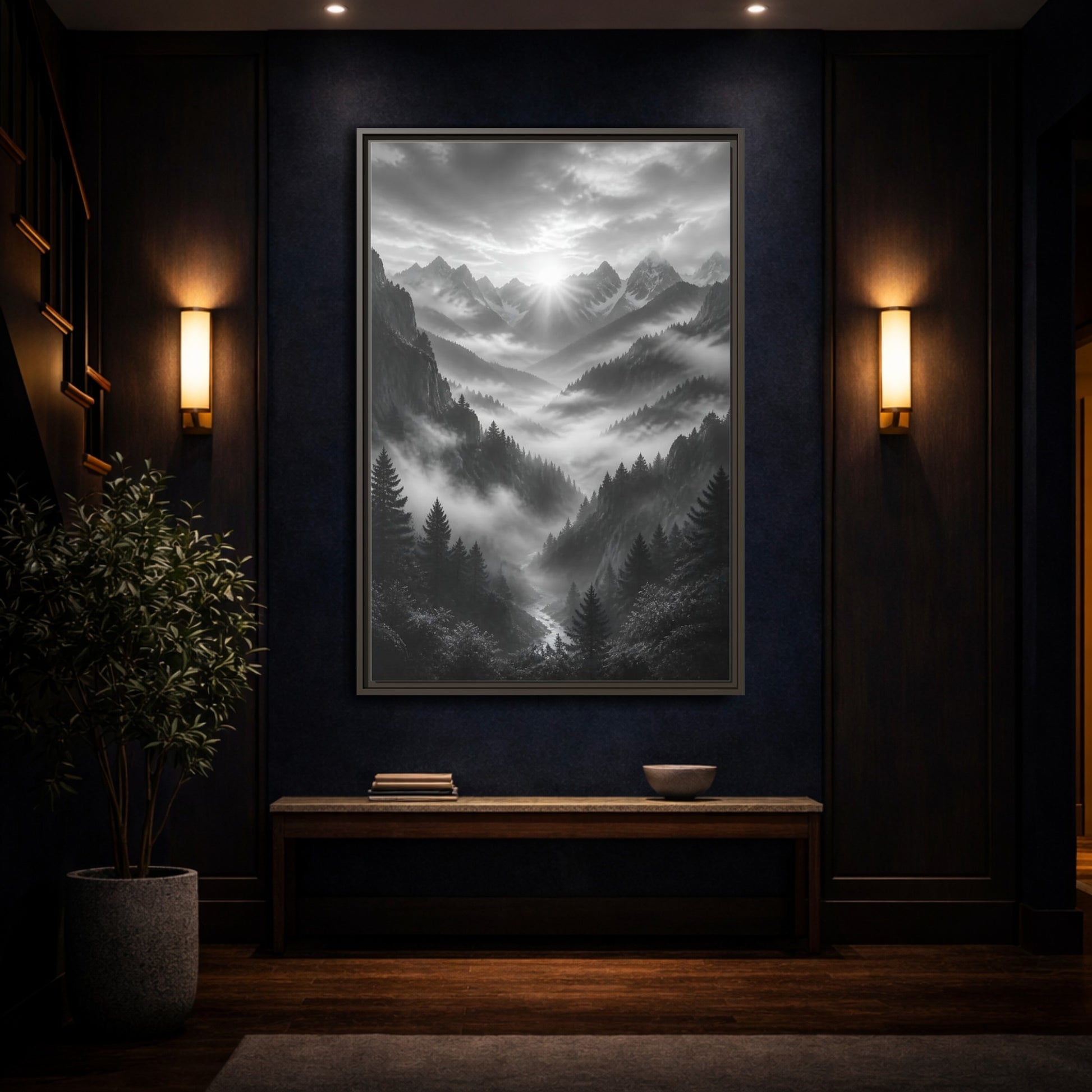 Mockup 4. Nature Mountain Valley Black And White shown as stretched canvas wall art