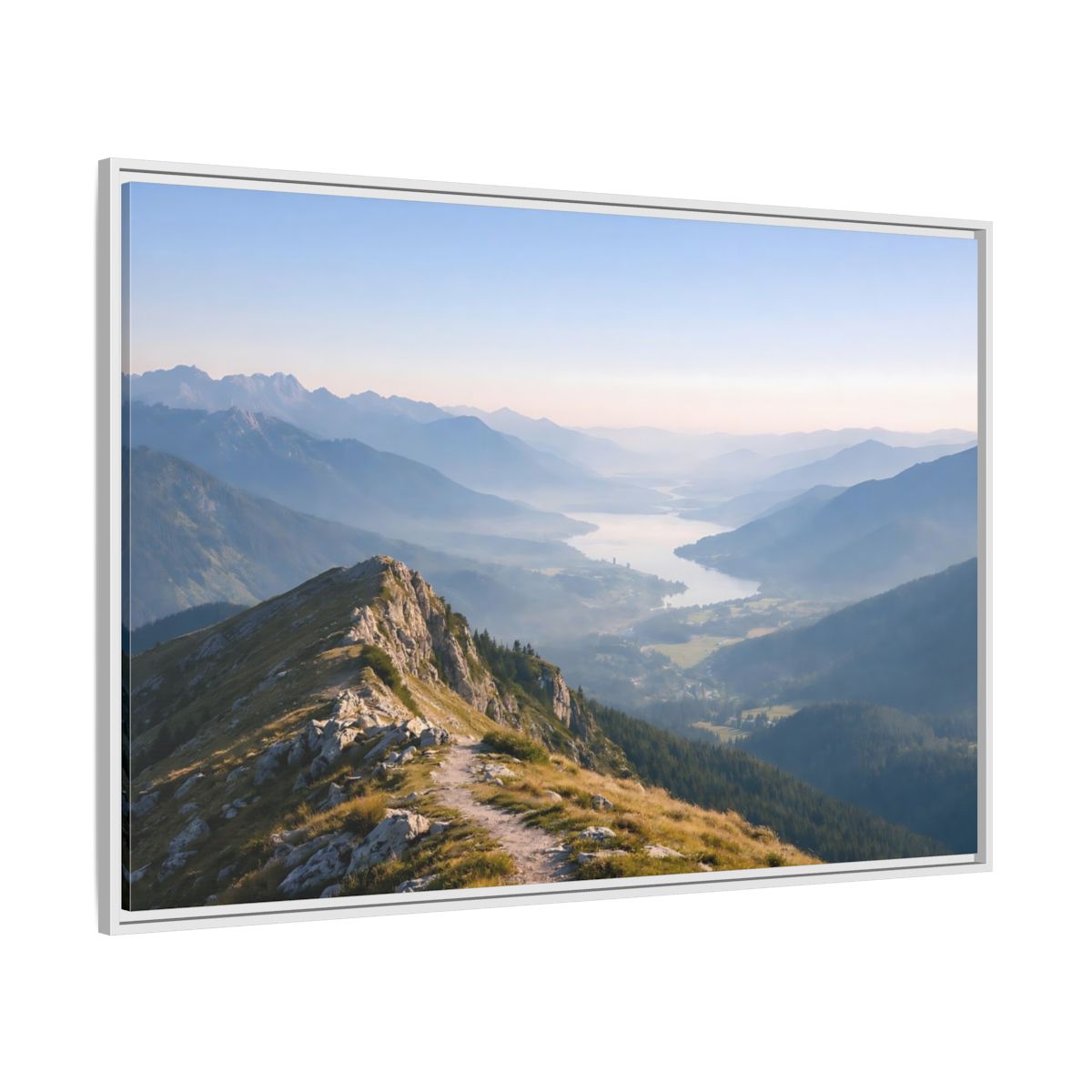 Side Mockup 7. Nature Mountain Valley Blue And Green Landscape shown as stretched canvas wall art