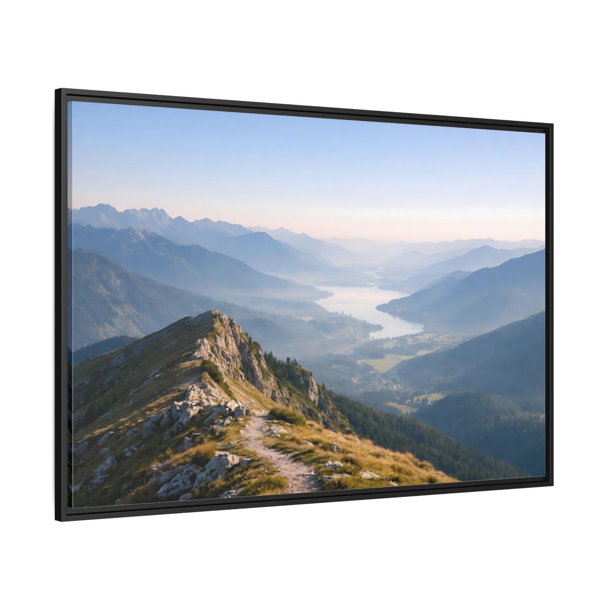 Side Mockup 12. Nature Mountain Valley Blue And Green Landscape shown as stretched canvas wall art