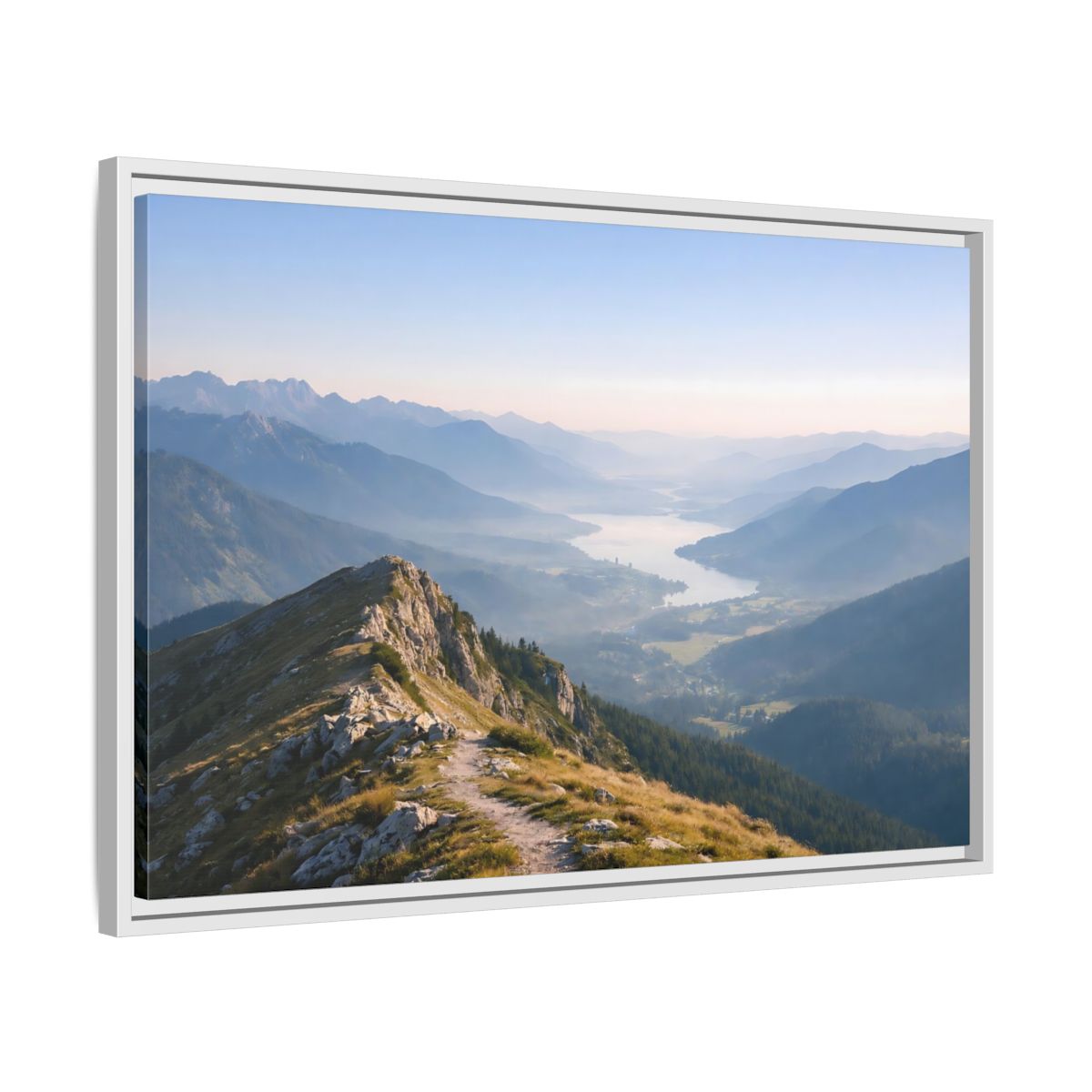 Side Mockup 10. Nature Mountain Valley Blue And Green Landscape shown as stretched canvas wall art