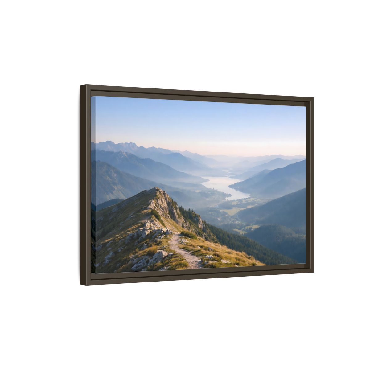 Side Mockup 2. Nature Mountain Valley Blue And Green Landscape shown as stretched canvas wall art