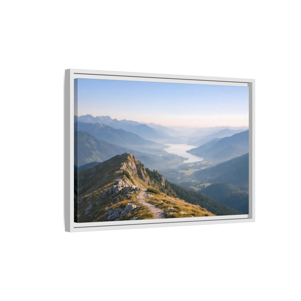 Side Mockup 1. Nature Mountain Valley Blue And Green Landscape shown as stretched canvas wall art