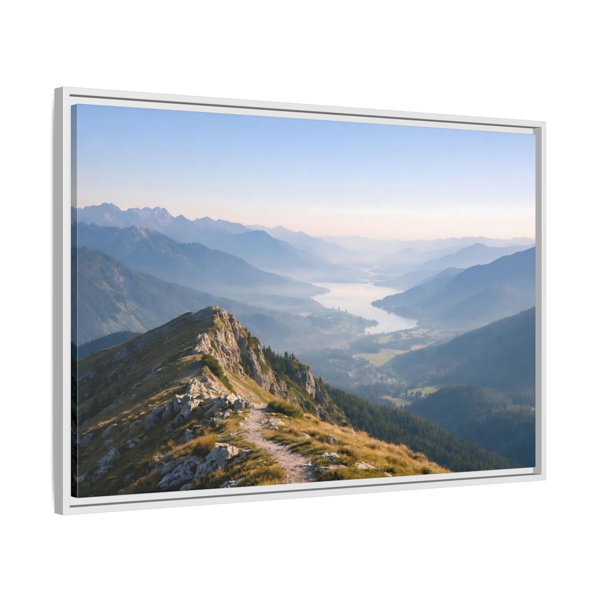 Side Mockup 9. Nature Mountain Valley Blue And Green Landscape shown as stretched canvas wall art