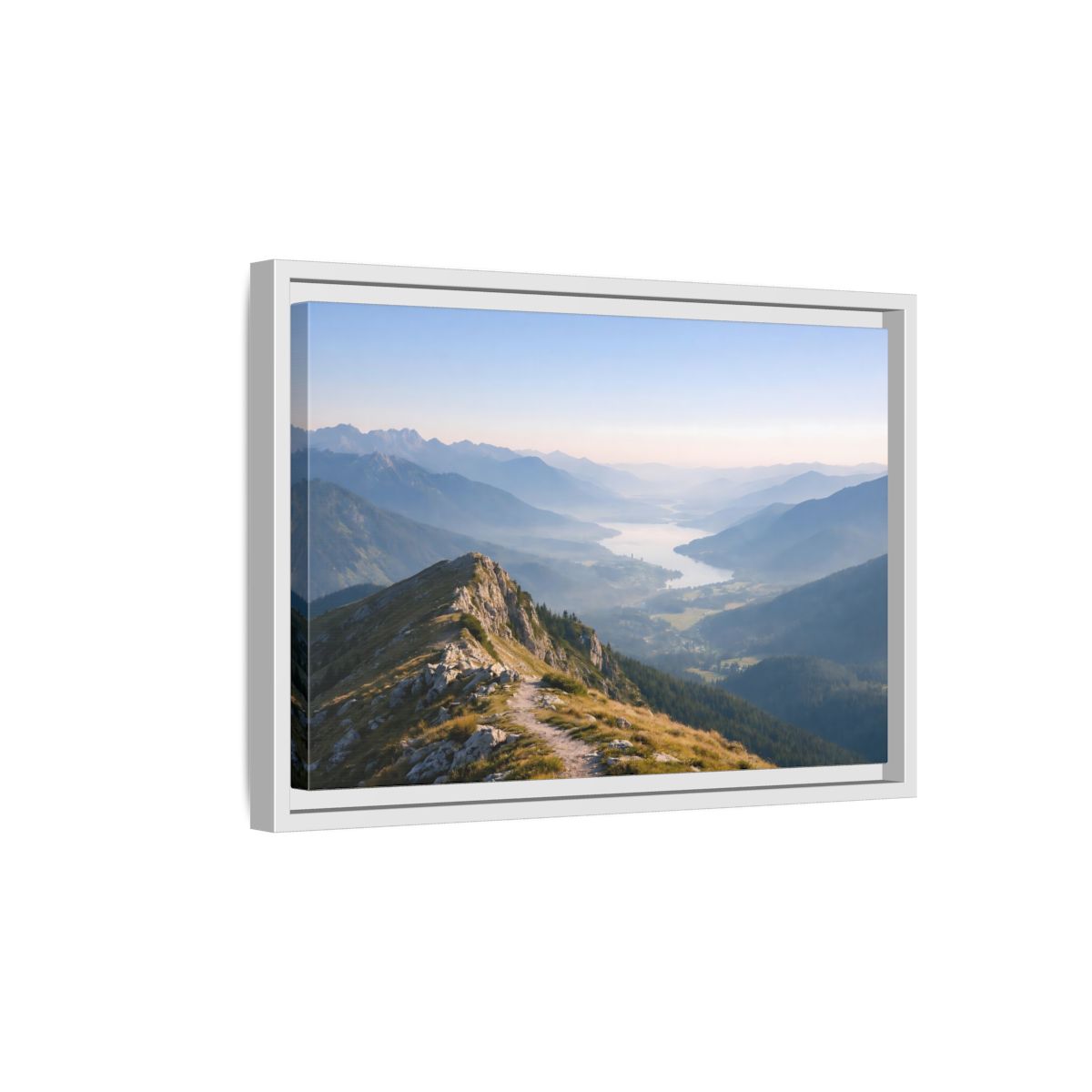 Side Mockup 4. Nature Mountain Valley Blue And Green Landscape shown as stretched canvas wall art