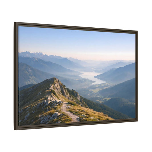 Main Mockup. Nature Mountain Valley Blue And Green Landscape shown as stretched canvas wall art