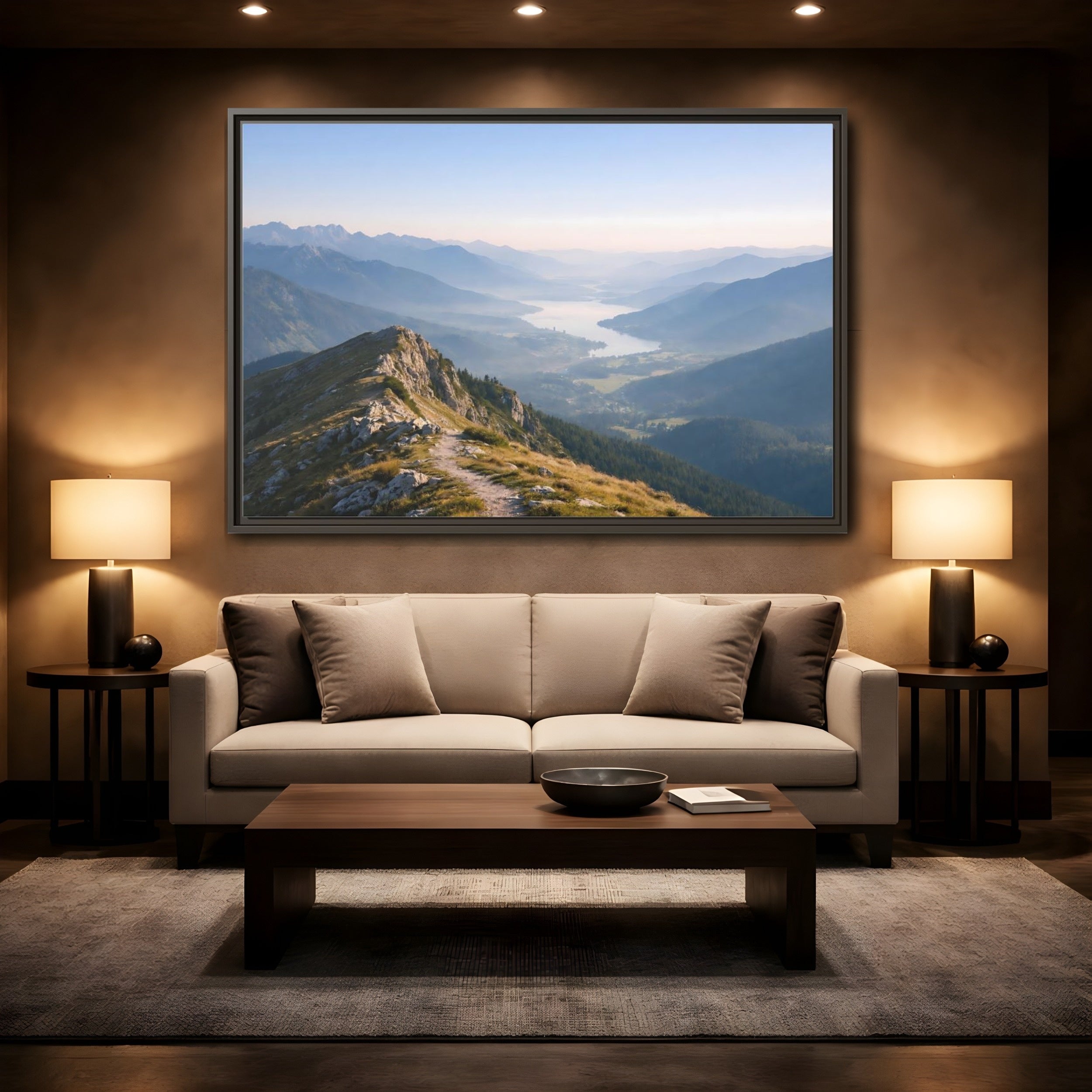 Mockup 2. Nature Mountain Valley Blue And Green Landscape shown as stretched canvas wall art