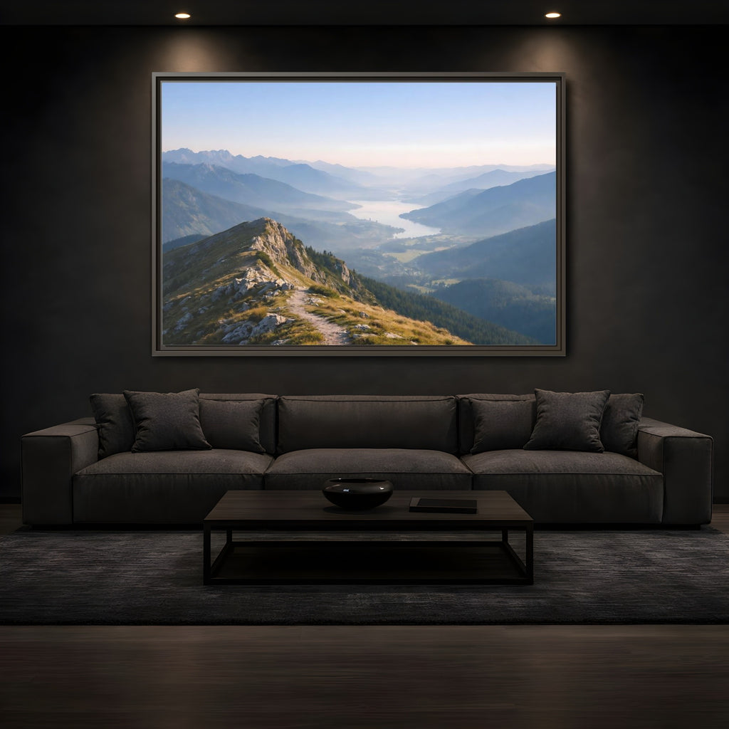 Mockup 3. Nature Mountain Valley Blue And Green Landscape shown as stretched canvas wall art