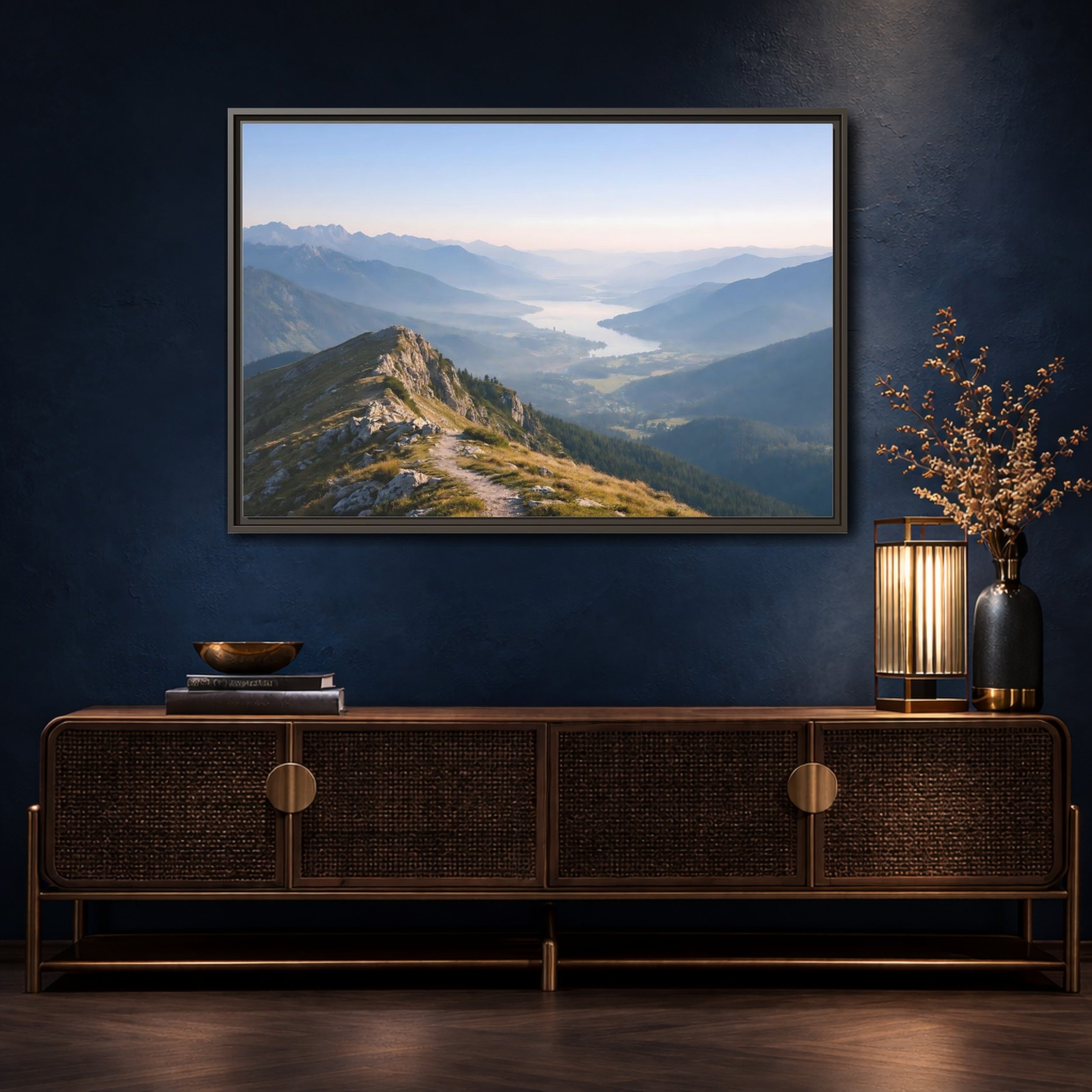 Mockup 4. Nature Mountain Valley Blue And Green Landscape shown as stretched canvas wall art