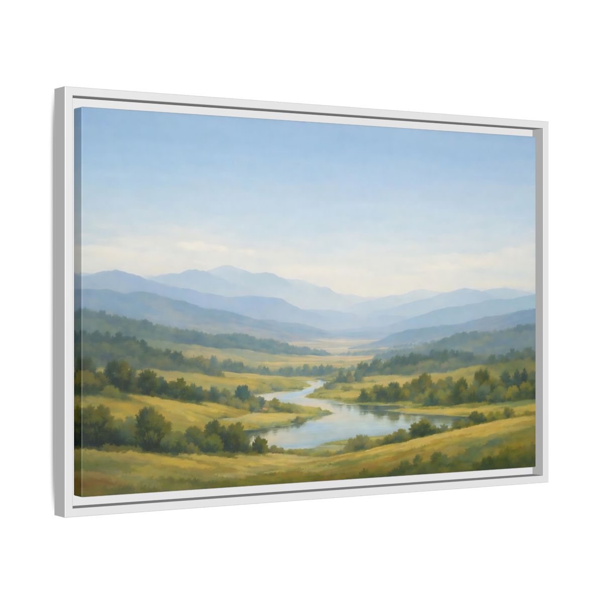 Side Mockup 10. Nature Mountain Valley Blue Green Valley shown as stretched canvas wall art