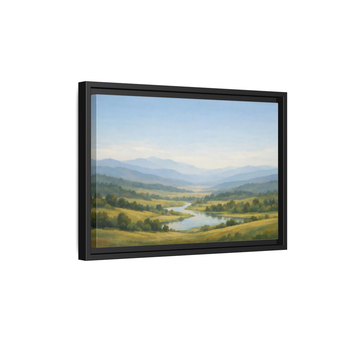 Side Mockup 6. Nature Mountain Valley Blue Green Valley shown as stretched canvas wall art
