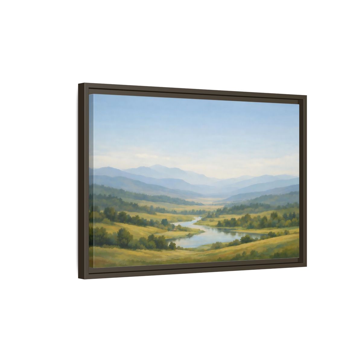 Side Mockup 2. Nature Mountain Valley Blue Green Valley shown as stretched canvas wall art