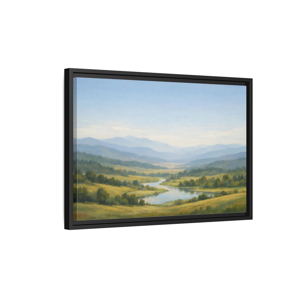 Side Mockup 3. Nature Mountain Valley Blue Green Valley shown as stretched canvas wall art