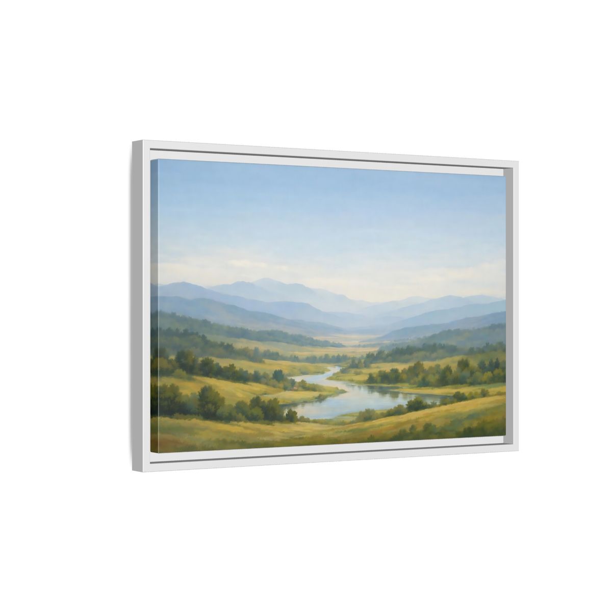 Side Mockup 1. Nature Mountain Valley Blue Green Valley shown as stretched canvas wall art