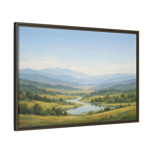 Main Mockup. Nature Mountain Valley Blue Green Valley shown as stretched canvas wall art