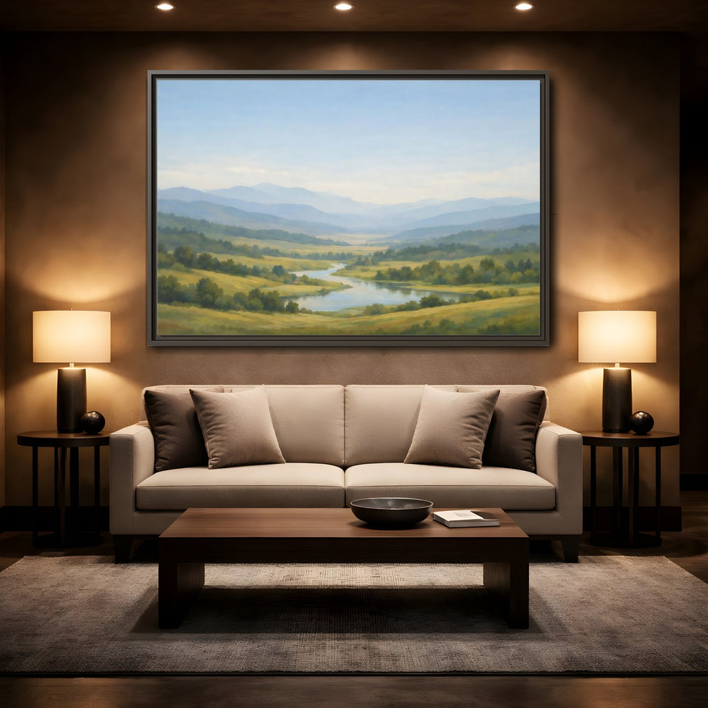 Mockup 2. Nature Mountain Valley Blue Green Valley shown as stretched canvas wall art