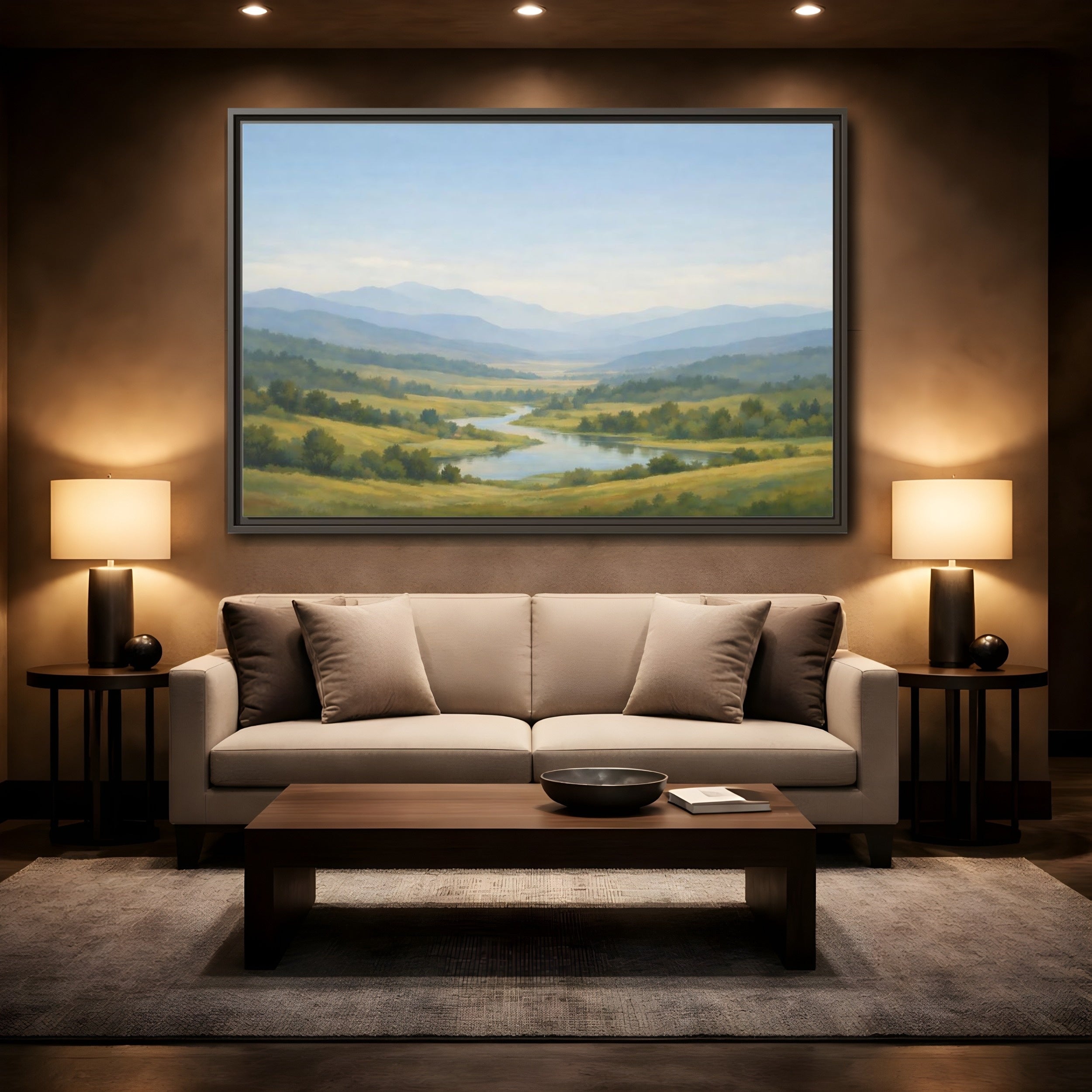 Mockup 2. Nature Mountain Valley Blue Green Valley shown as stretched canvas wall art