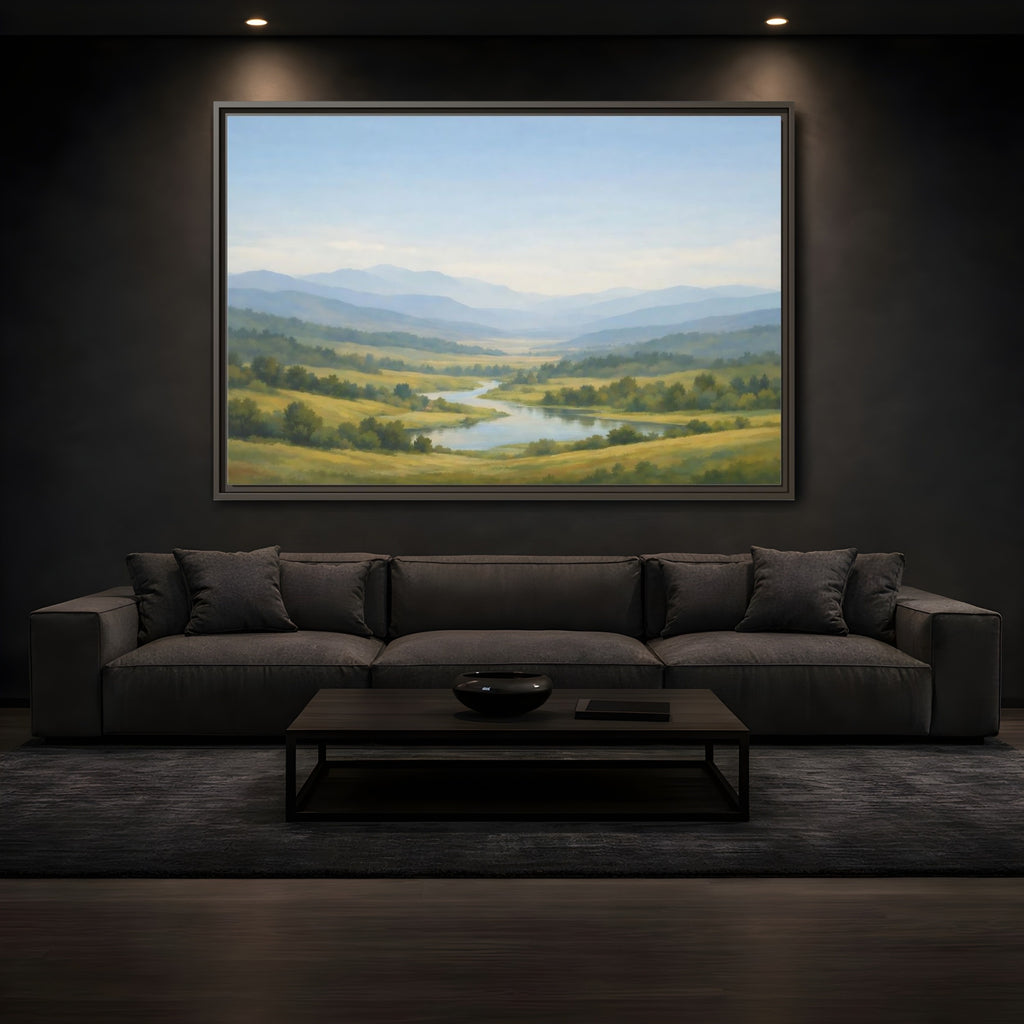 Mockup 3. Nature Mountain Valley Blue Green Valley shown as stretched canvas wall art