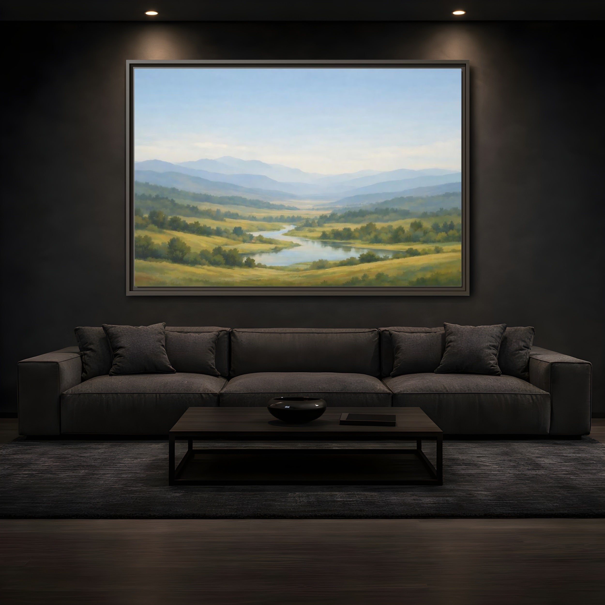 Mockup 3. Nature Mountain Valley Blue Green Valley shown as stretched canvas wall art