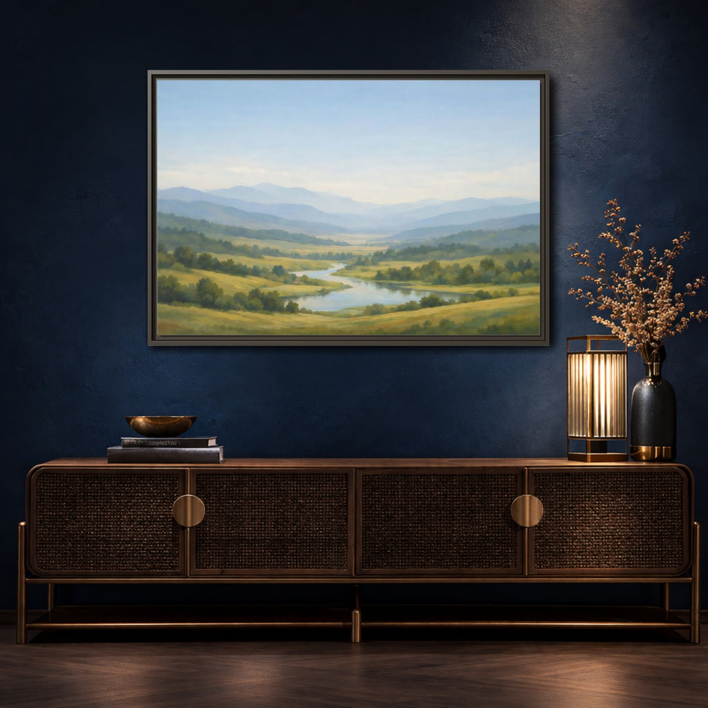 Mockup 4. Nature Mountain Valley Blue Green Valley shown as stretched canvas wall art