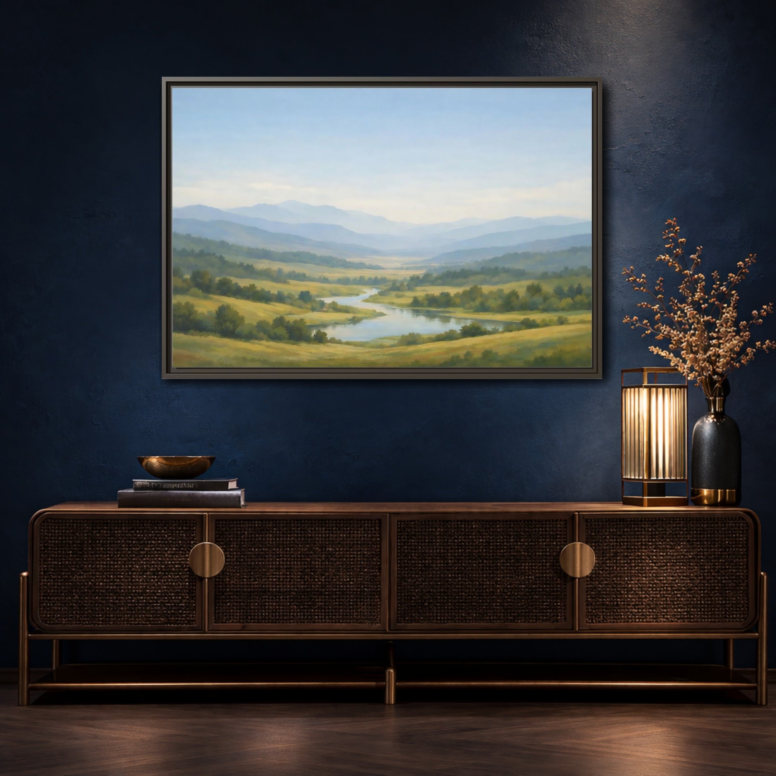 Mockup 4. Nature Mountain Valley Blue Green Valley shown as stretched canvas wall art