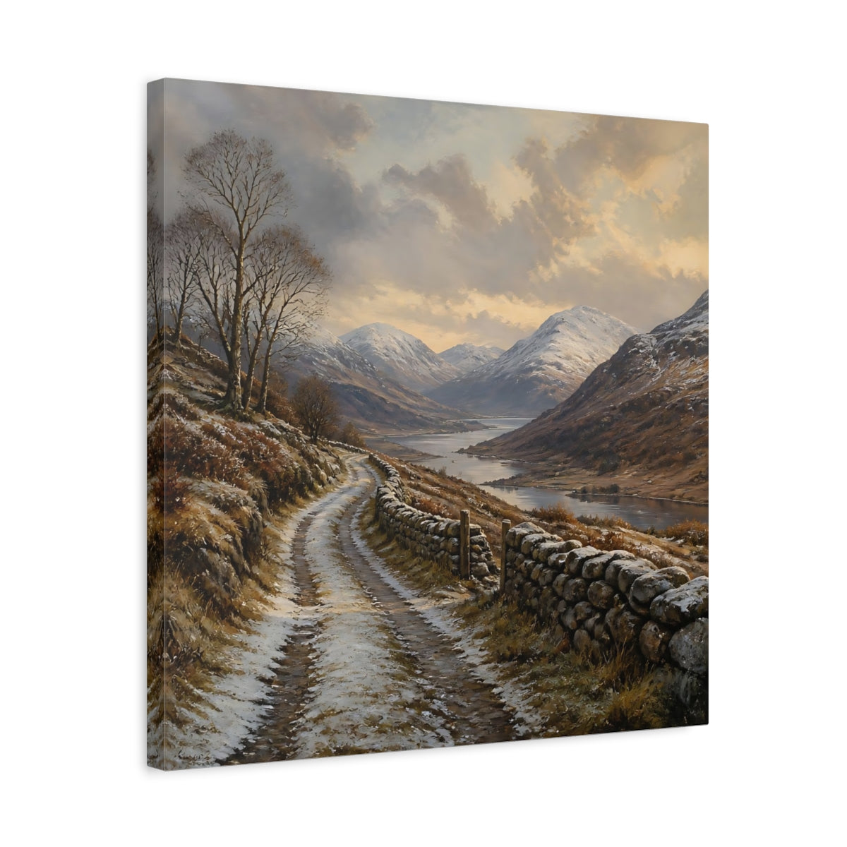 Side Mockup 5. Nature Mountain Valley Brown And White shown as stretched canvas wall art